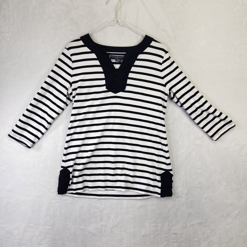 Karen Scott Sport Striped Tunic Top V‎ Neck 3/4 Sleeve Women Size M